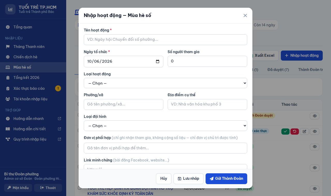 Form nhập hoạt động